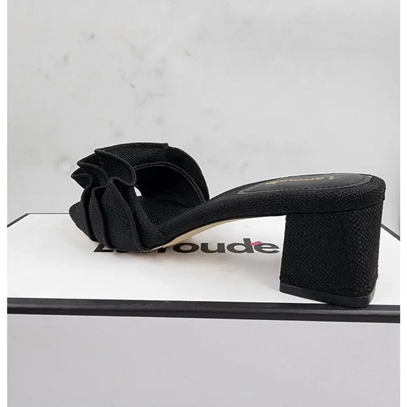 Larroude Brigitte Ruffle Slip On High Heel Sandals Women's 6 Black Open Toe